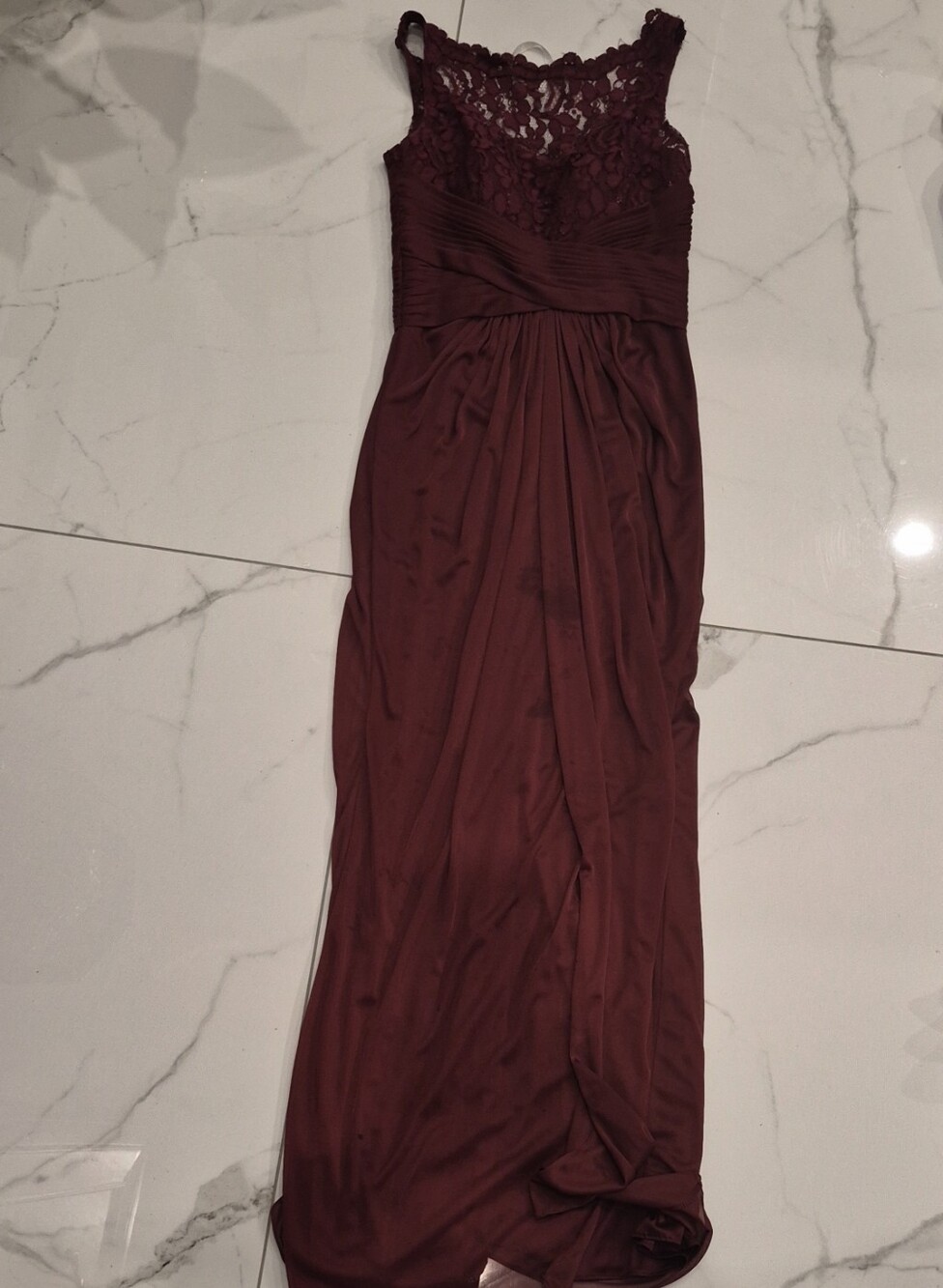 David's Bridal Wine Lace Bodice Maxi Dress